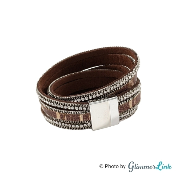 Brown Multi Strand Faux Leather Rhinestones Wrap Bracelet Magnetic Clasp - Picture 4 of 9